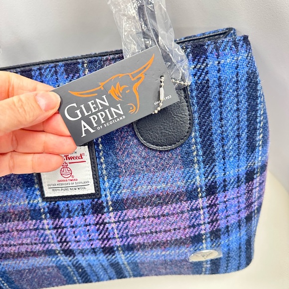 Glen Appin Harris Tweed Blue Plaid Wool Tote Bag NWT Scotland - Picture 3 of 6